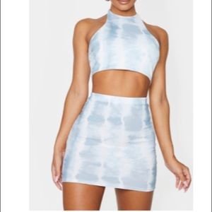 Two piece set halter and mini skirt set blue and white